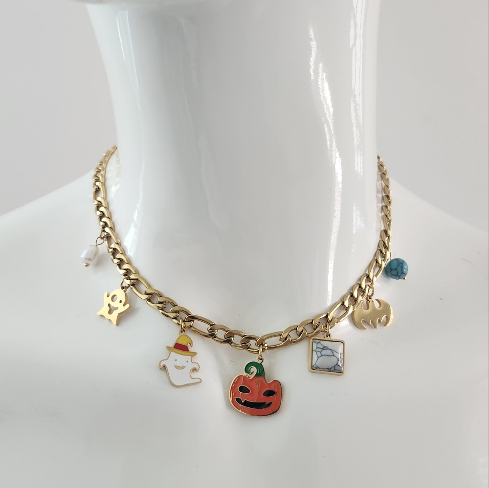 Haunted Whimsy Halloween Gold Chain With Spooky Cute Accents Charm Bracelet - Picture 3 of 11
